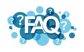 Graphic image featuring the acronym "FAQ" in large white letters with a blue outline, surrounded by a cluster of blue speech bubbles and question marks, representing frequently asked questions.