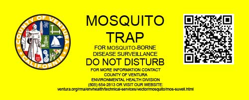 Warning sign for a mosquito surveillance trap with contact information for Ventura County Environmental Health Division, including a QR code for website access.