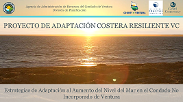 Sunset over the sea with text overlay regarding the 'Proyecto de Adaptación Costera Resiliente VC' and strategies for sea level rise adaptation in Ventura County.