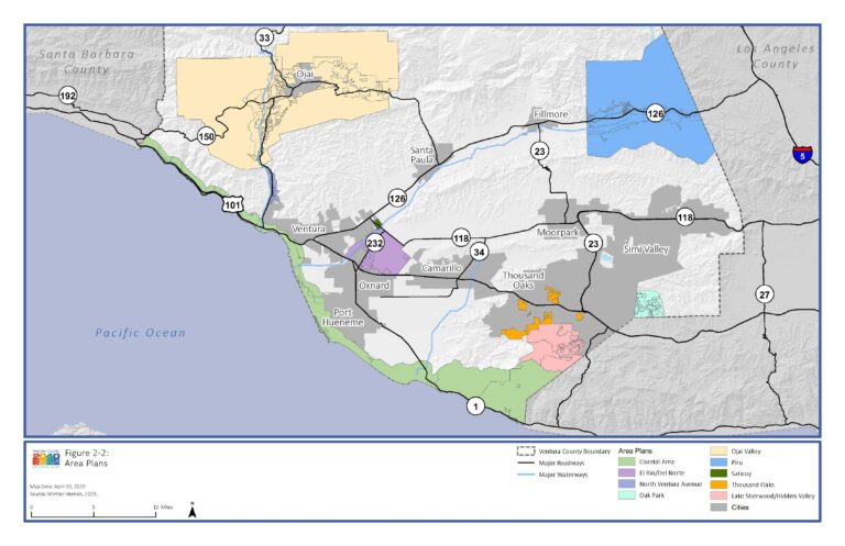 Map showing Ventura County area plans with major roadways and waterways, county boundaries, and named regions and cities.