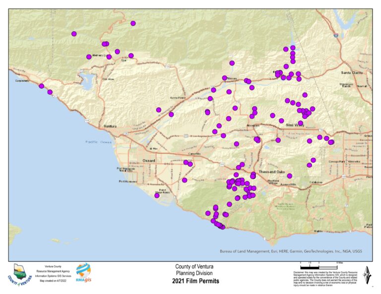 Map of Ventura County with purple dots indicating 2021 film permit locations provided by the County of Ventura Planning Division.