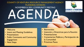 Hand flipping a paper on a clipboard labeled 'AGENDA' for the County of Ventura Resource Management Agency meeting, with welcome and meeting guidelines listed in English and Spanish.