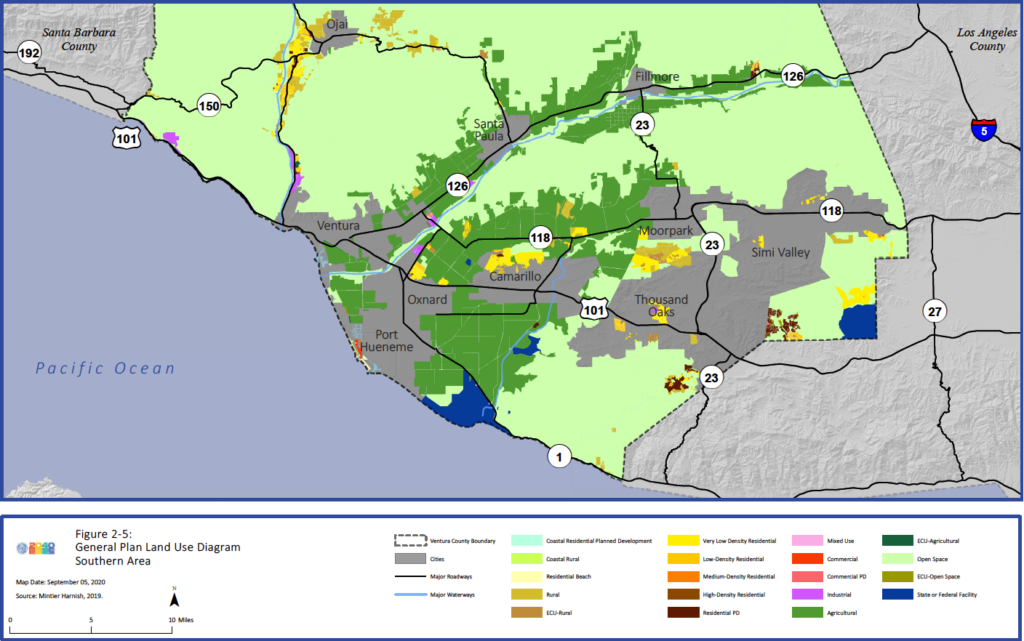 Map titled "Figure 2-5: General Plan Land Use Diagram Southern Area" showing various land use areas in Ventura County including residential, commercial, agricultural, and open space, with major roadways and cities like Ventura, Oxnard, Camarillo, Thousand Oaks, and Simi Valley highlighted.