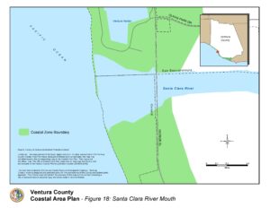 Map showing the Ventura County Coastal Area Plan with a focus on the Santa Clara River Mouth area, highlighting the Coastal Zone Boundary, adjacent to the Pacific Ocean, Ventura Harbor, San Buenaventura, and the Santa Clara River.