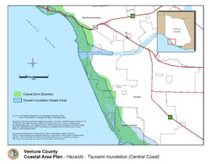 Map of Ventura County Coastal Area displaying Tsunami Inundation Hazard Areas and Coastal Zone Boundary, with legend and scale, for local government planning purposes.