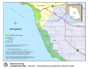 Map of Ventura County showing coastal area plan for seismic hazards with ground shaking acceleration categories, roads, and boundaries.