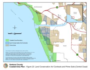 Map of Ventura County Coastal Area Plan - Land Conservation Act Contracts and Prime Soils (Central Coast) showing coastal zone boundaries in green, land conservation act contracts in crosshatched pattern, and prime soils in solid brown areas. The map includes city names such as San Buenaventura, Oxnard, and Port Hueneme with key highways and a scale in miles.