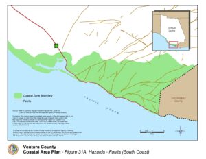 Map of Ventura County Coastal Area Plan showing Coastal Zone Boundary and Faults in the South Coast region