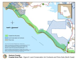 Map of Ventura County Coastal Area Plan showing Coastal Zone Boundary, Land Conservation Act Contracts, and Prime Soils locations.