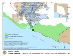 Map of Ventura County Coastal Area Plan showing land conservation act contracts and prime soils in south coast region