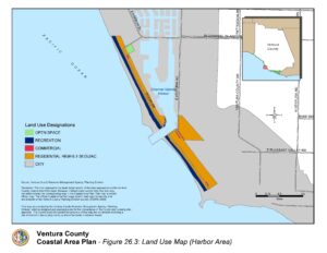 Map of Ventura County coastal area with land use designations such as open space, recreation, commercial, residential high density, and city areas demarcated in various colors.