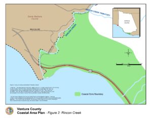 Map of Ventura County Coastal Area Plan - Rincon Creek with labeled features including Santa Barbara County border, Rincon Road, Rincon Creek, and Coastal Zone Boundary.