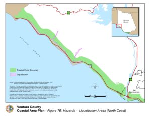 Map of Ventura County's North Coast illustrating liquefaction areas and coastal zone boundaries with highways 101 and 33, and key locations marked.