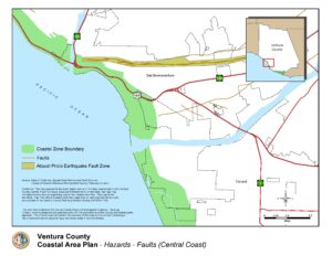 Map illustrating the Ventura County Coastal Area Plan, highlighting hazards such as fault lines and the Alquist Priolo Earthquake Fault Zone. Includes a legend indicating coastal zone boundaries and scales in miles.