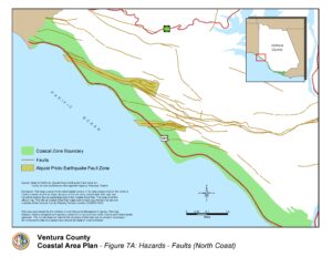 Map of Ventura County Coastal Area showcasing Hazards - Faults, with earthquake fault zones.