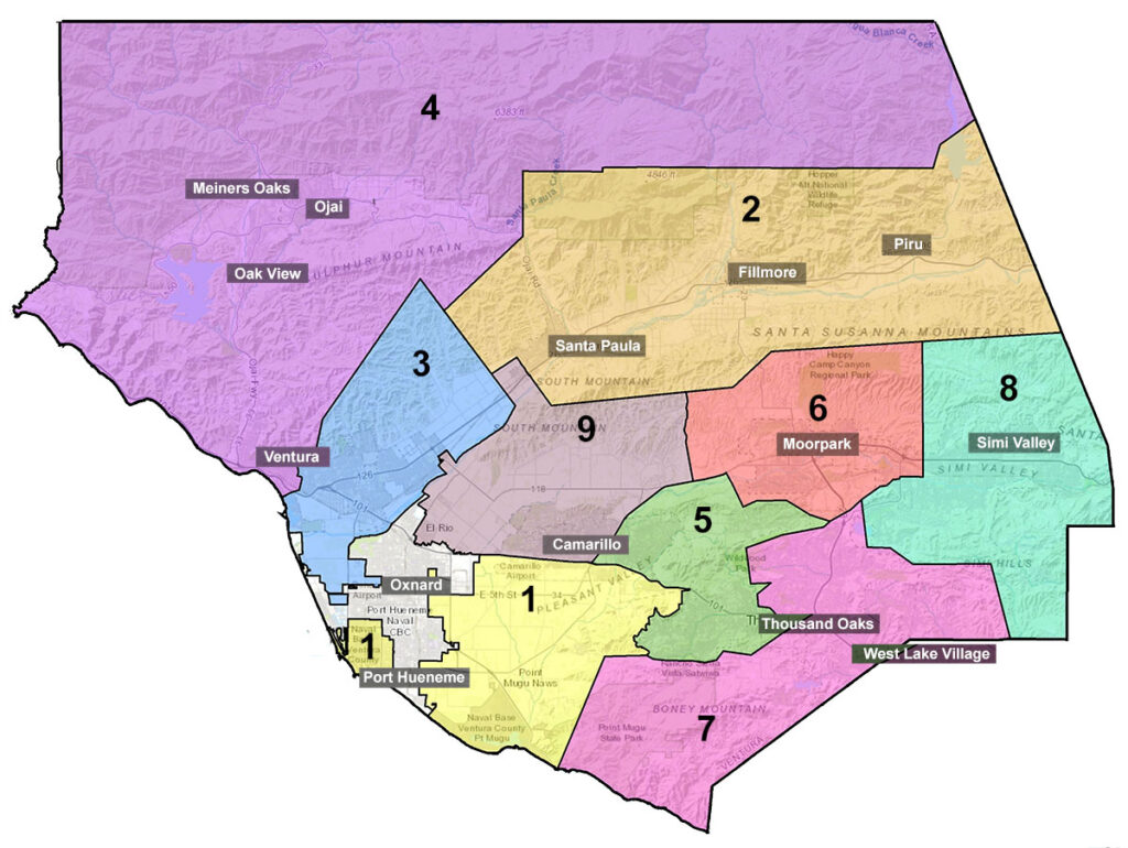 Color-coded district map showing areas in Ventura County with key cities like Ventura, Oxnard, and Thousand Oaks labeled.