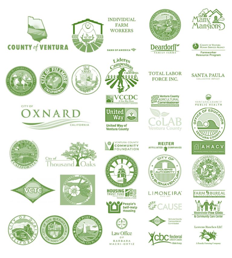 Compilación de logotipos del condado de Ventura que representan el gobierno local, negocios y organizaciones comunitarias.