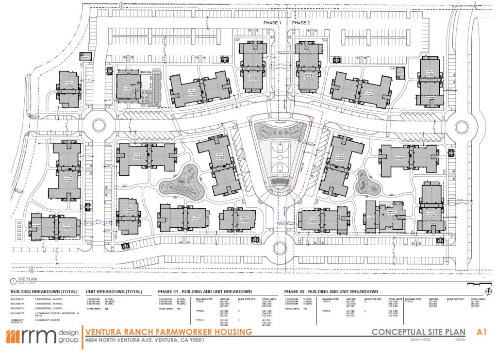 Conceptual site plan of Ventura Ranch Farmworker Housing showing layouts of building phases, roads, and amenities for ADA site analysis.