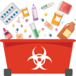 Various medical supplies and medications in a hazardous waste bin with a biohazard symbol.