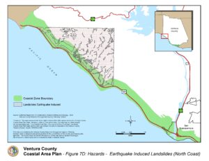 Map of Ventura County Coastal Area Plan highlighting earthquake induced landslides and the coastal zone