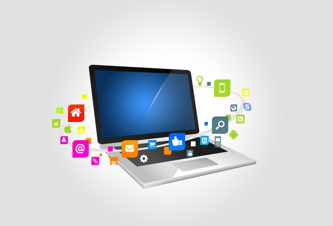 Illustration of a laptop showing various app icons floating around it, symbolizing technology and communication.