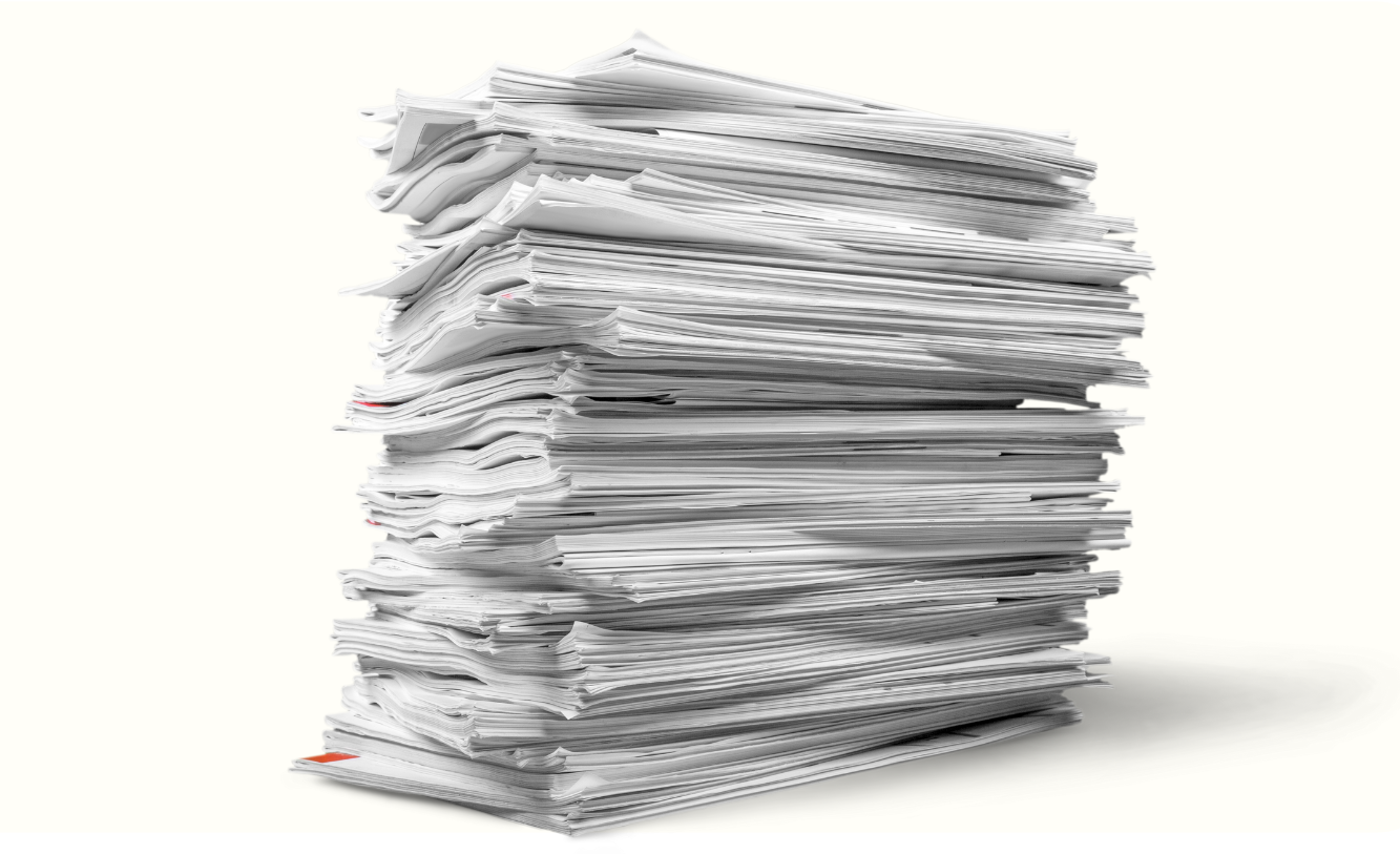 A large stack of documents behind a white background.