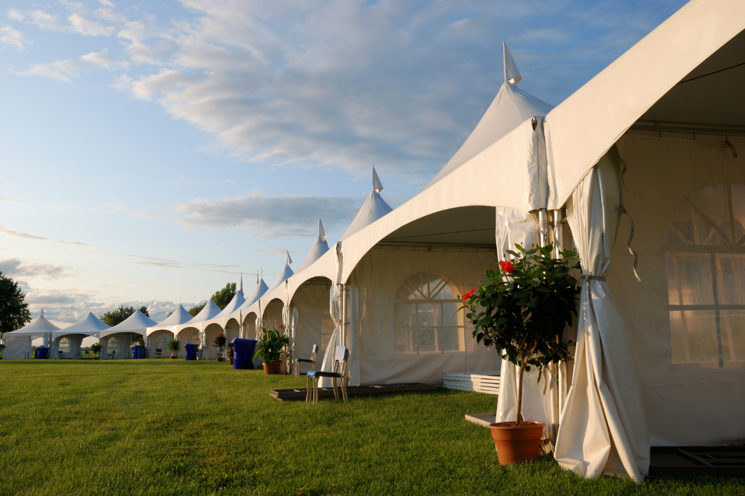 Row of white event tents on grass under blue sky