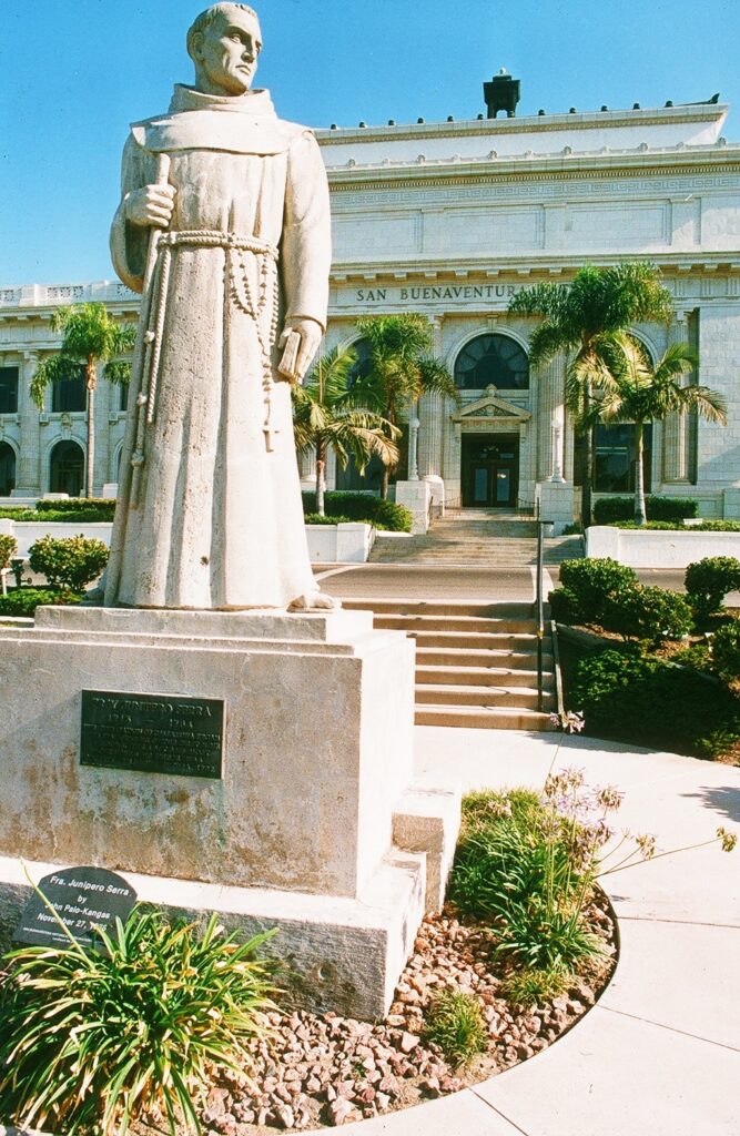 Statue of Father Junípero Serra in front of the Ventura City Hall, taken in 1985.