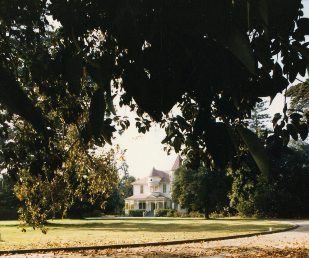 Front yard with grass and mature trees framing the distant view of the Camarillo House, circa 1980s.