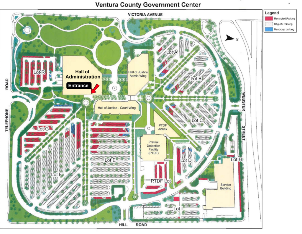 Map displaying the location of the Ventura County Government Center of the Hall of Administration.