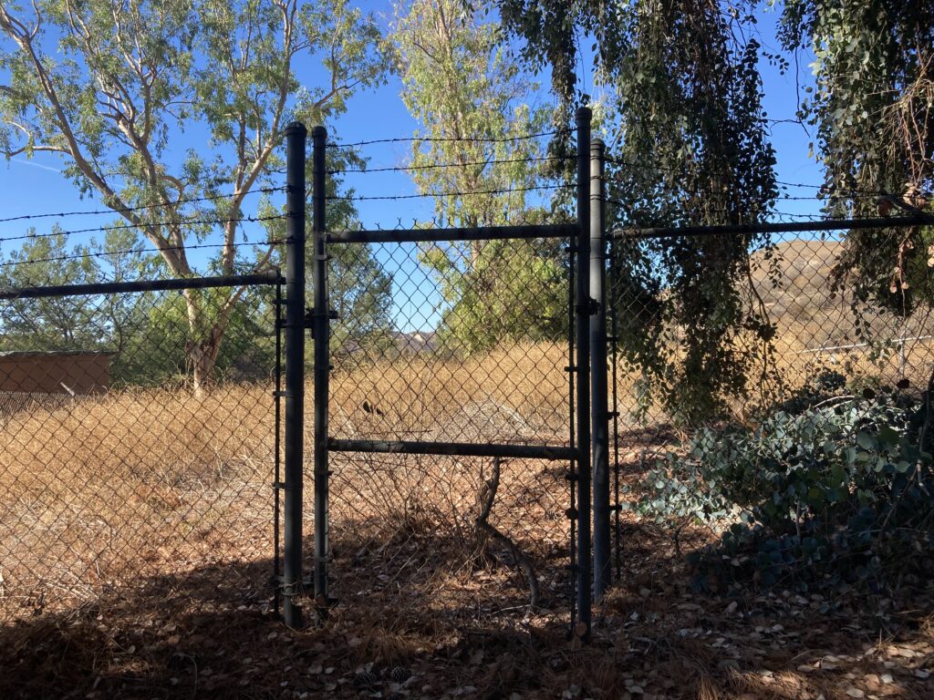 View of overgrown Tapo Adobe Ruins, showing a chain-link fence in 2022.