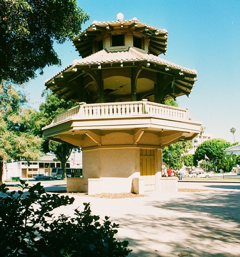 Photograph of the Oxnard Plaza Park Pagoda, a historic octagonal structure, taken in 1985