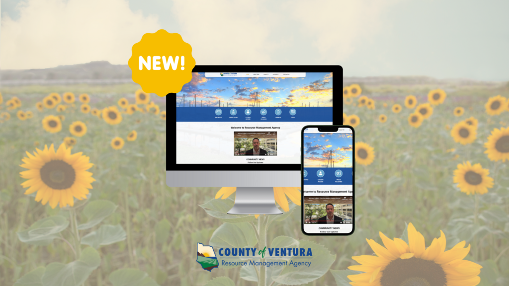 Desktop and mobile view of County of Ventura website on a field of sunflowers. Logo and "New" label displayed.